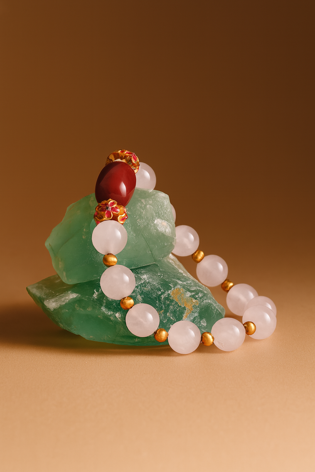 Jewelry with pearls, red stone, and gold accents on a green stone base against a brown background