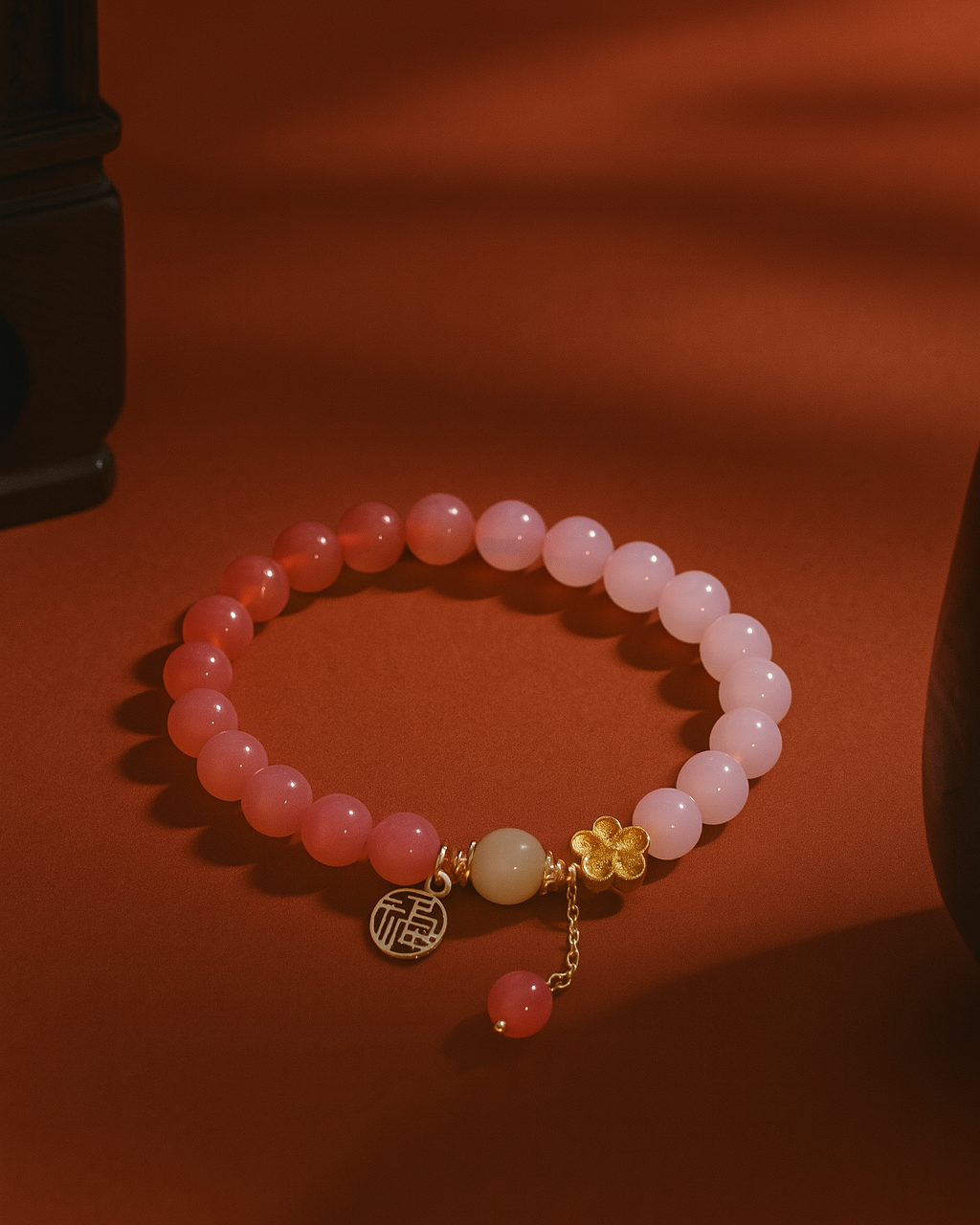 Pink beaded bracelet with gold charm on a red background