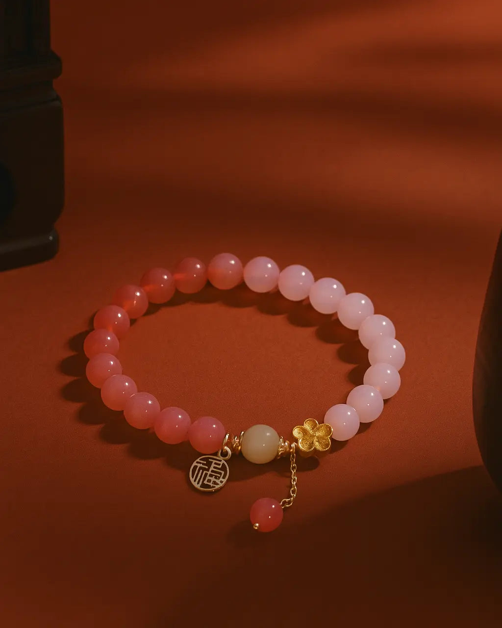 Pink beaded bracelet with gold charm on a red background