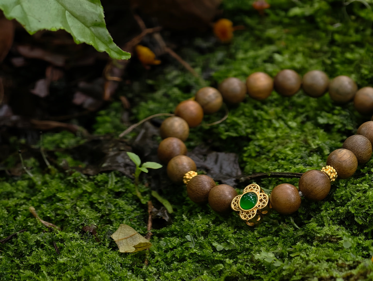 Green Emerald Agarwood Mala — “Verdant Realm & Return”