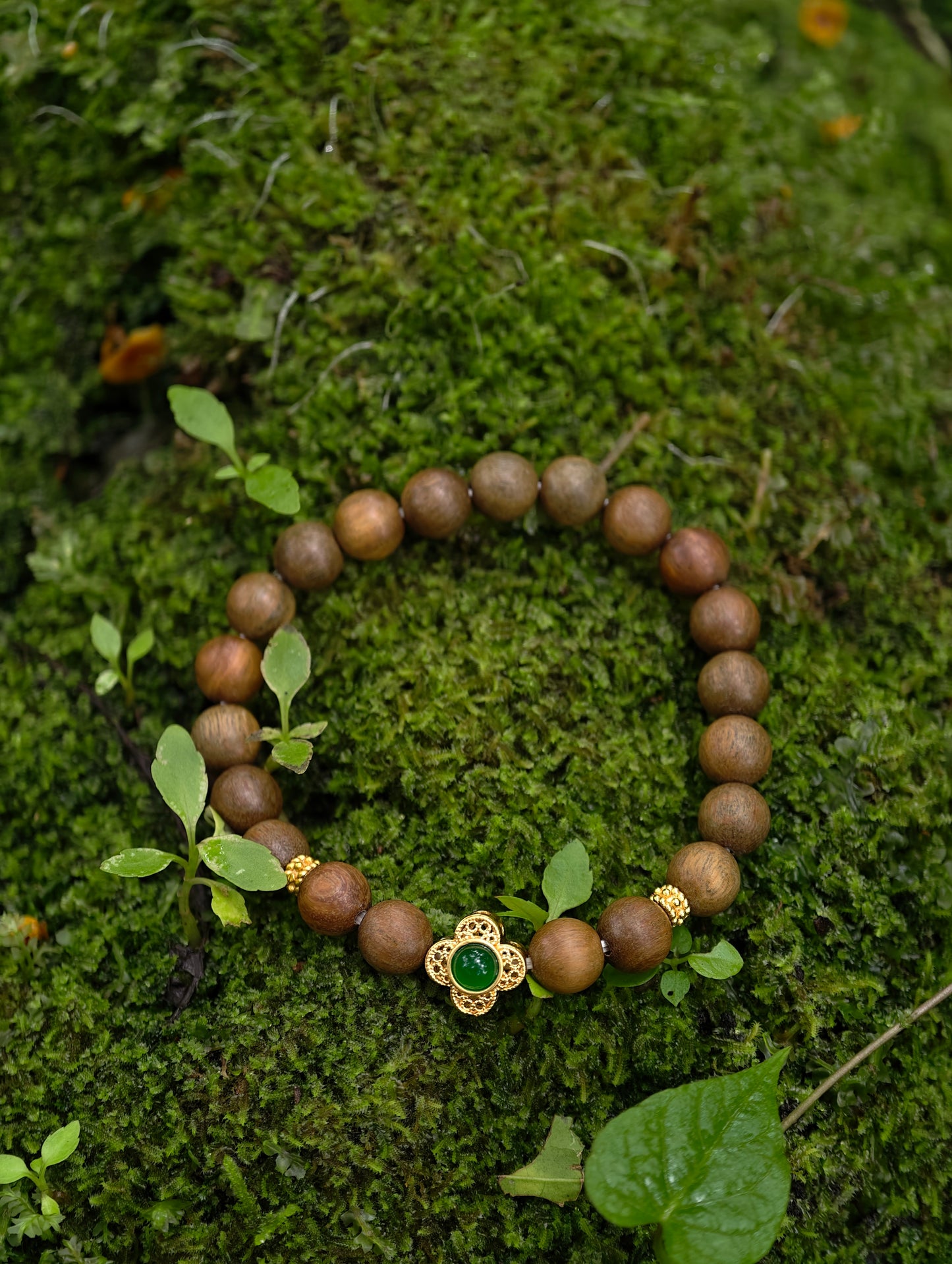 Green Emerald Agarwood Mala — “Verdant Realm & Return”