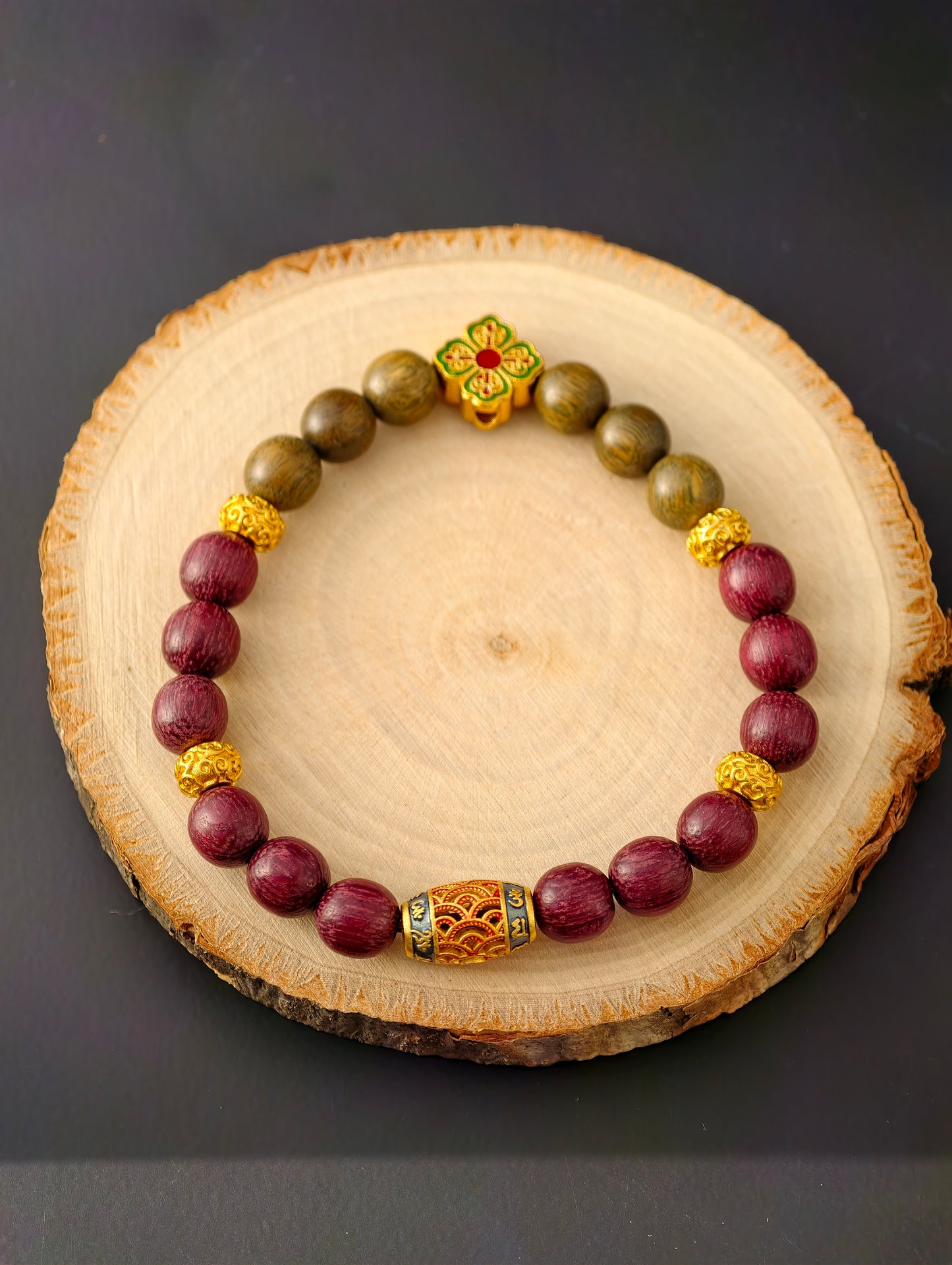 Zitan & Lvtan Four-Leaf Harmony Mala Bracelet