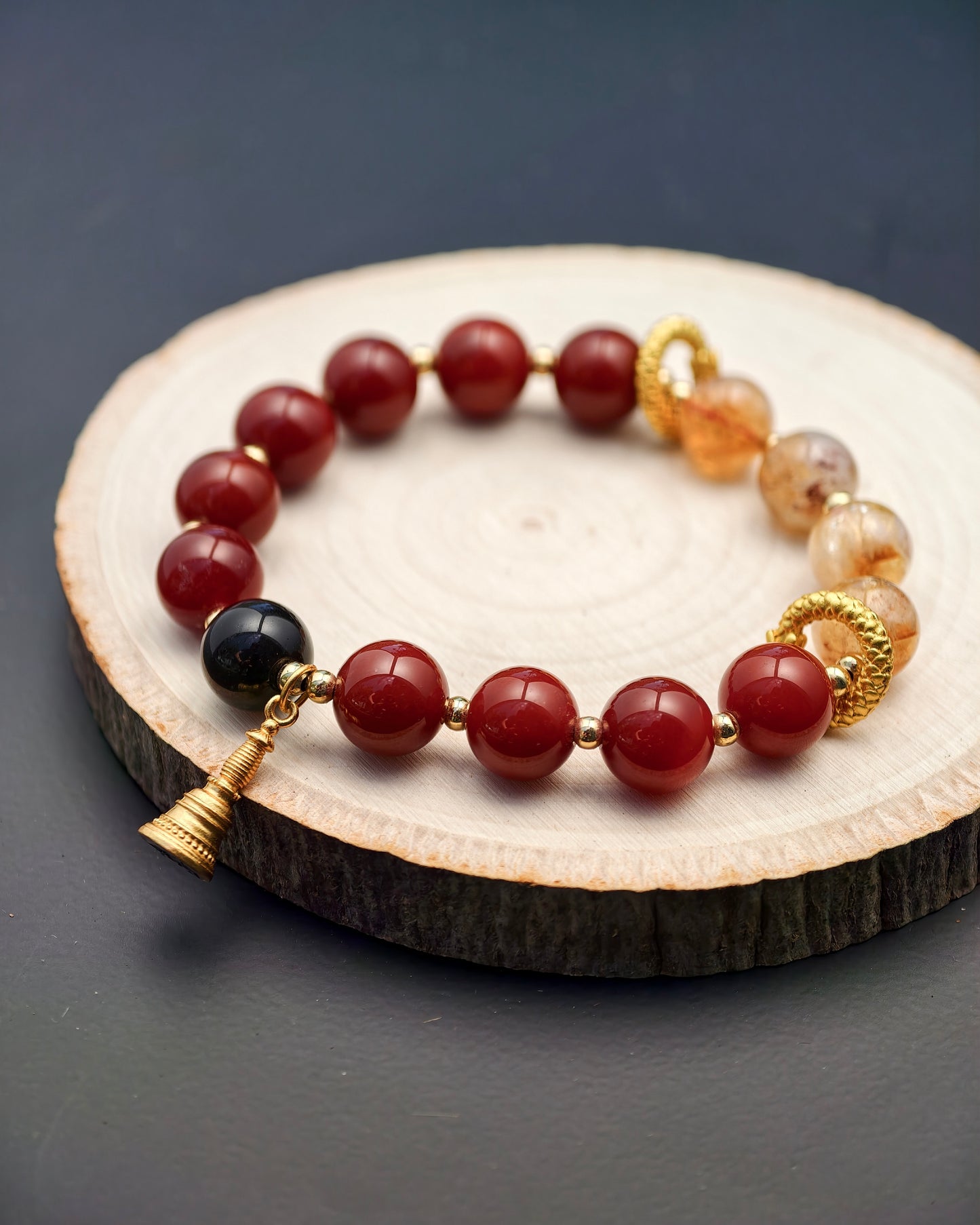 Southern Red Agate & Rutilated Quartz Bracelet with Golden Ring Charm