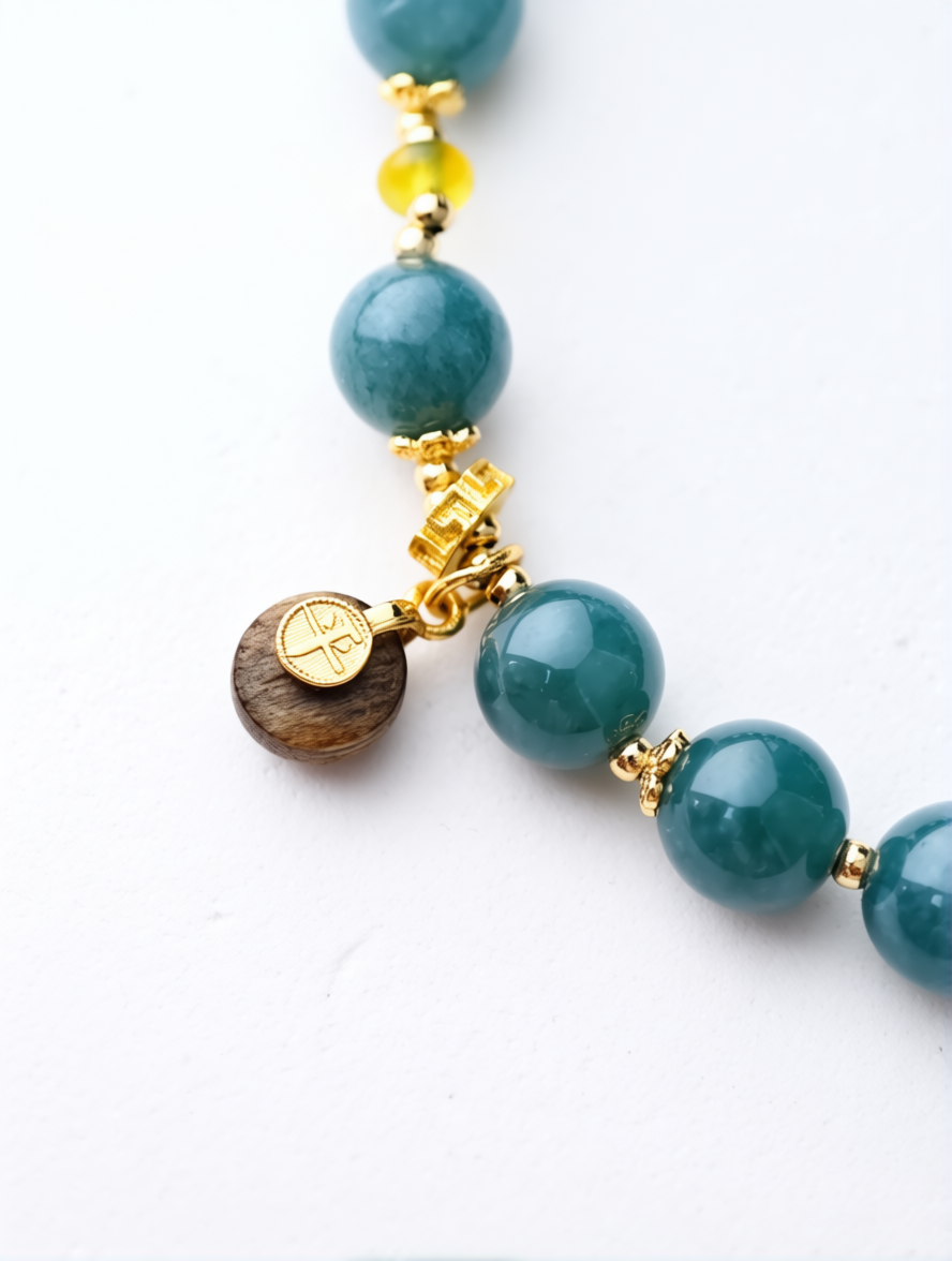 Teal beaded necklace with gold and wooden accents on a white background