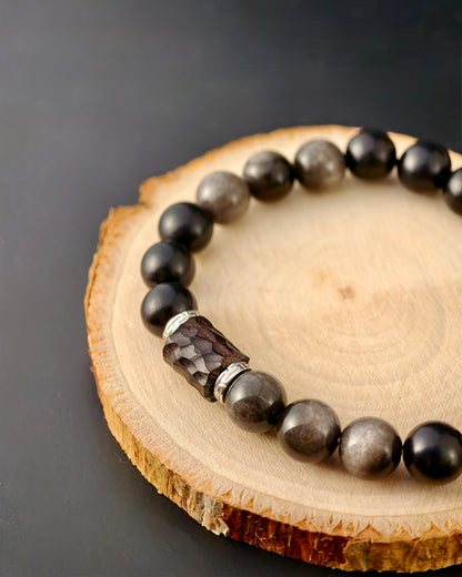 Silver Obsidian Ebony Dragon Scale Mala – Clarity, Protection & Inner Strength Bracelet