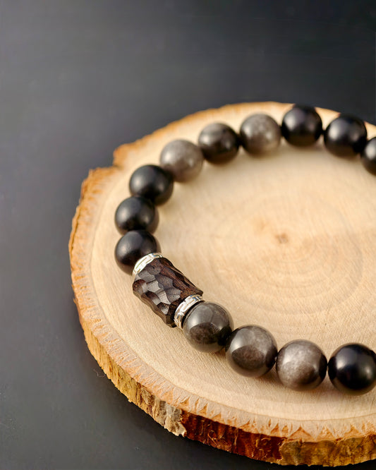 Silver Obsidian Ebony Dragon Scale Mala – Clarity, Protection & Inner Strength Bracelet