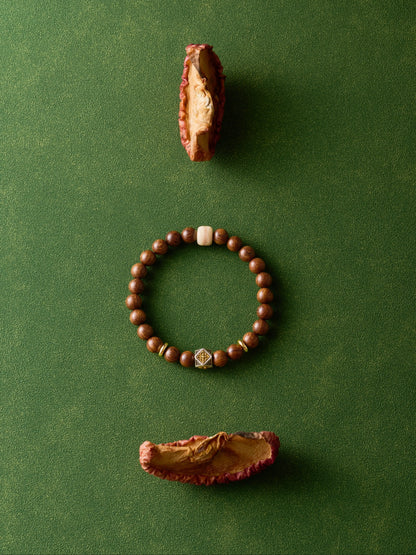 Wooden bracelet with two dried fruits on a green background