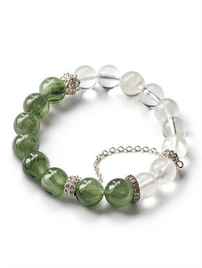 Green Rabbit Fur and Moonstone White Crystal Bracelet