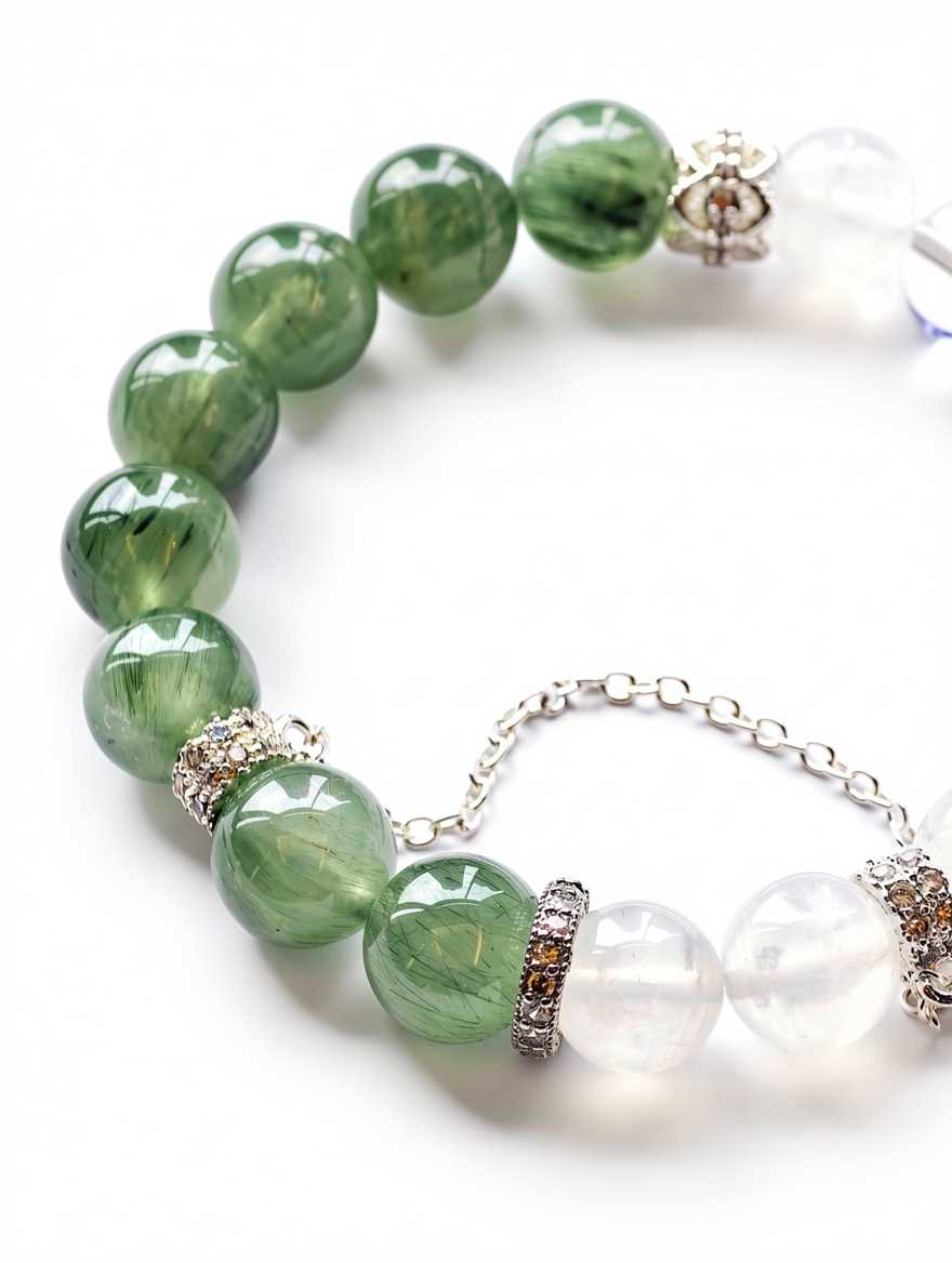 Green Rabbit Fur and Moonstone White Crystal Bracelet