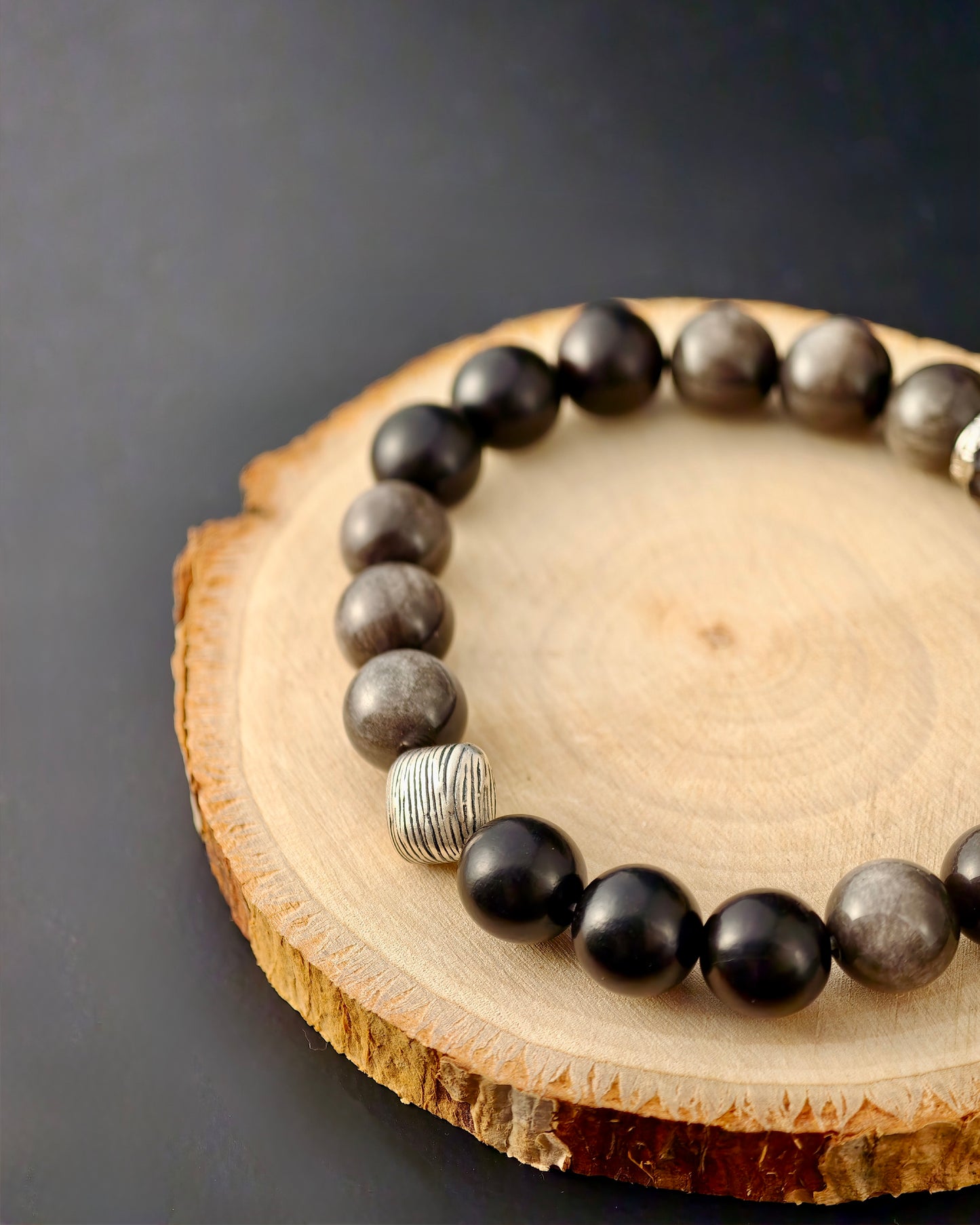 Silver Obsidian Ebony Dragon Scale Mala – Clarity, Protection & Inner Strength Bracelet