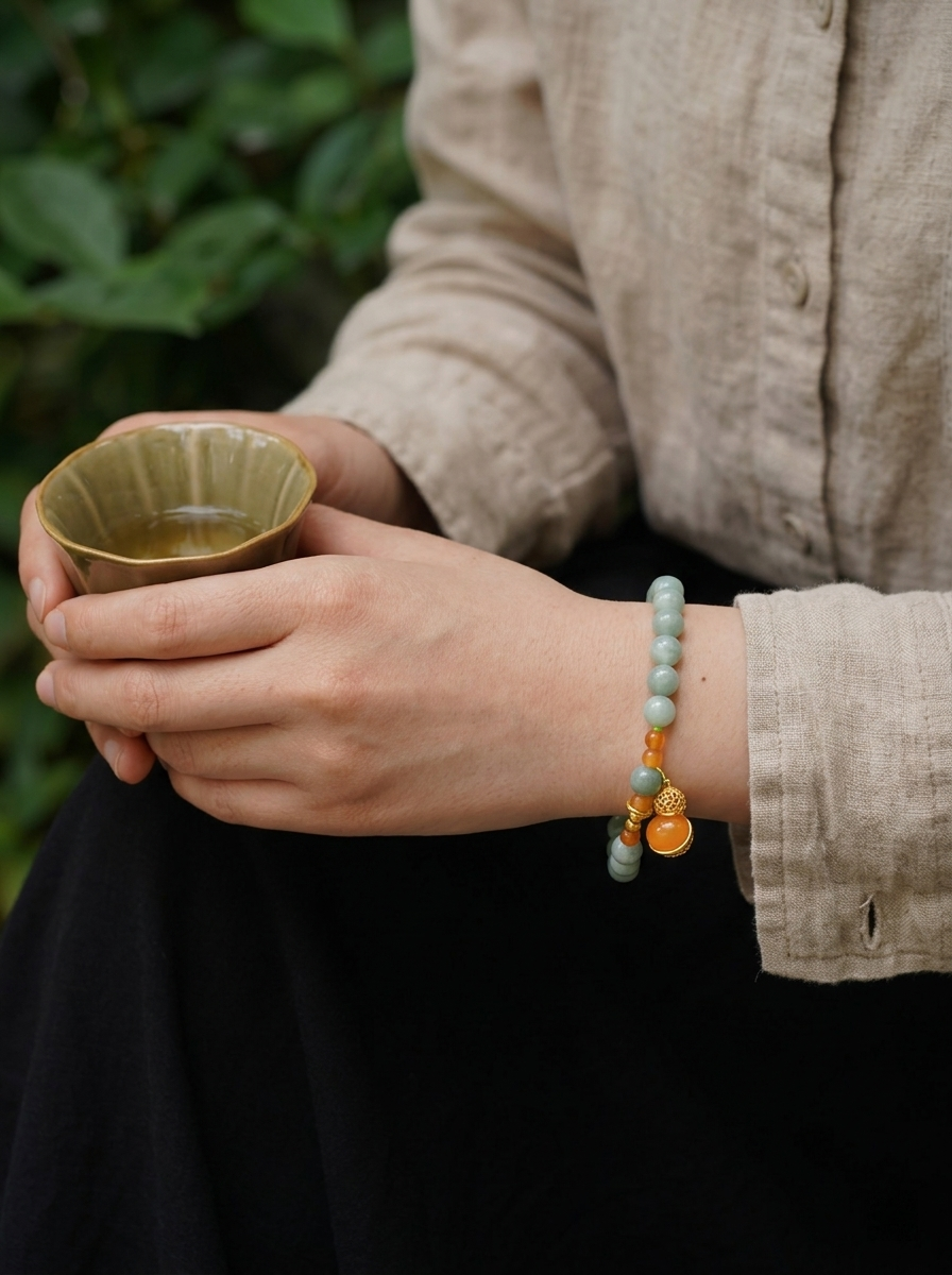 Blue Jadeite & Amber “Sea & Sun Harmony” Bracelet