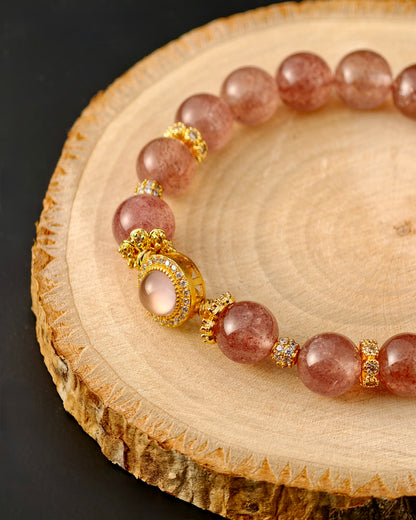Strawberry Quartz  & Gold-Inlaid "Kiss of Love" Bracelet
