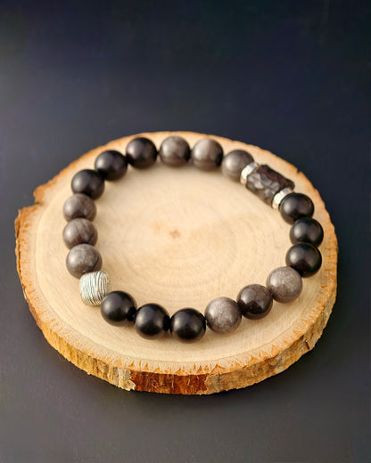 Silver Obsidian Ebony Dragon Scale Mala – Clarity, Protection & Inner Strength Bracelet
