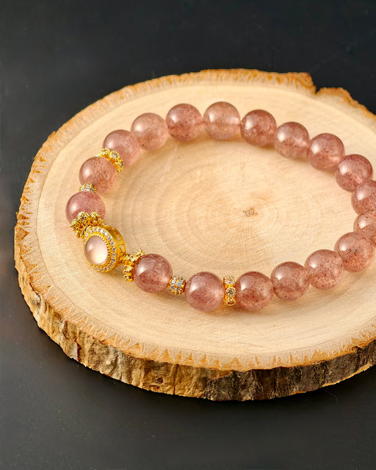 Strawberry Quartz  & Gold-Inlaid "Kiss of Love" Bracelet