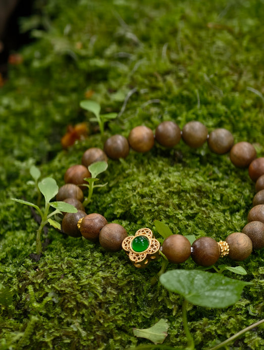 Green Emerald Agarwood Mala — “Verdant Realm & Return”