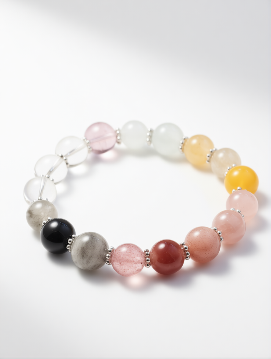 Multicolored beaded bracelet on a white background