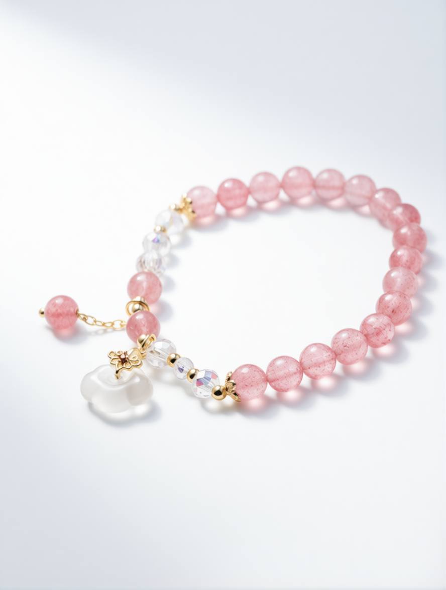 Strawberry Quartz & Crystal “Cloud of Tender Light” Bracelet