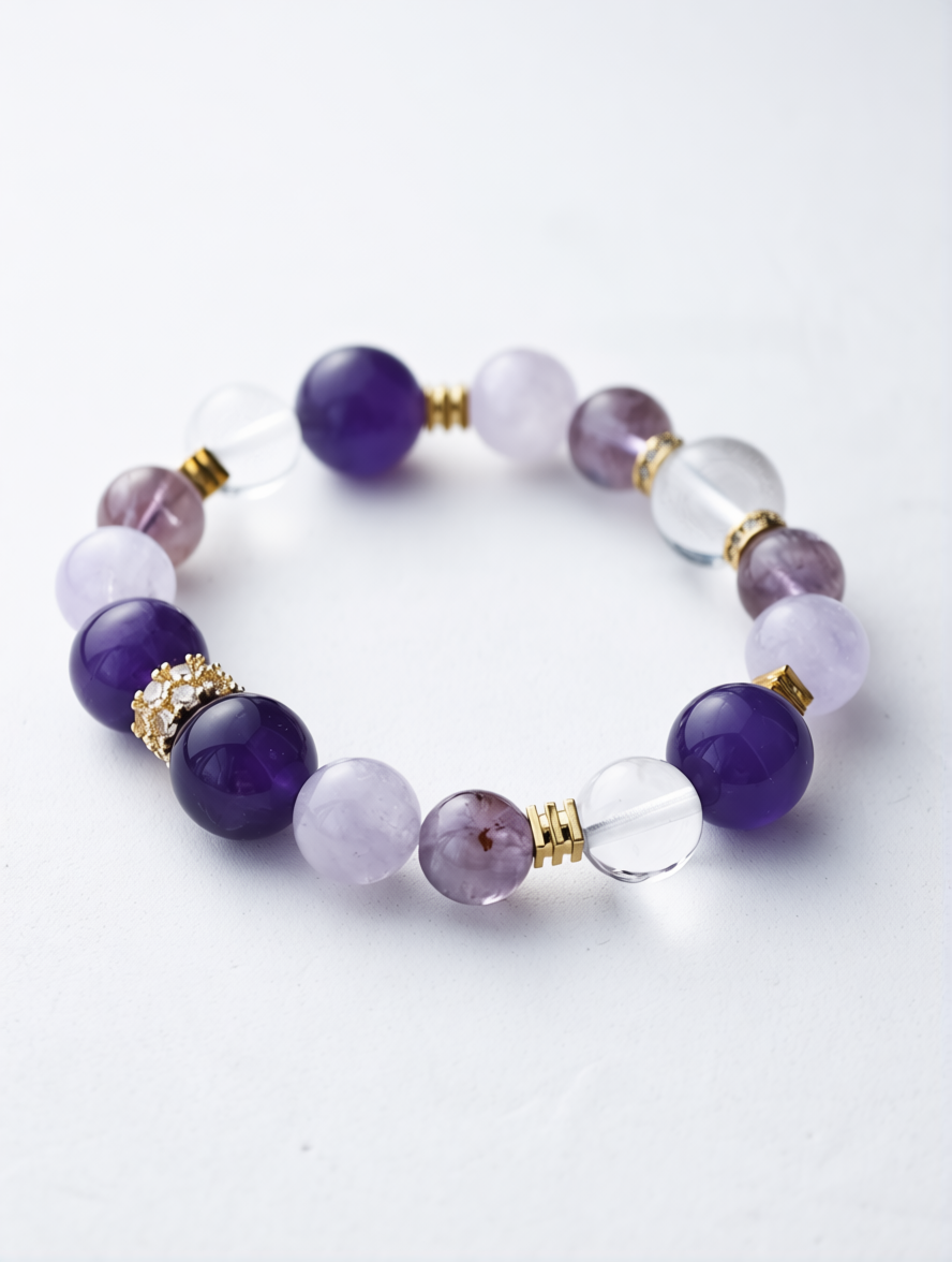 Bracelet with purple and clear beads on a white background