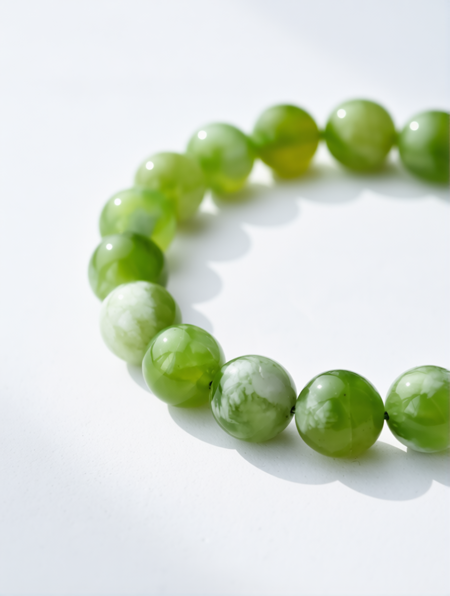 Green beaded bracelet on a white background